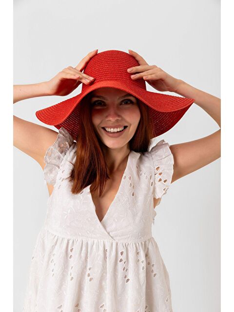 Luminos Butik Kırmızı Geniş Hasır Şapka Hsr2005