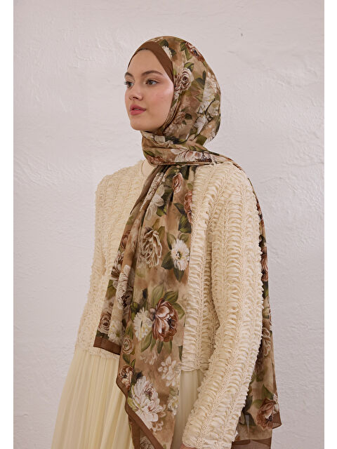 Fresh Scarfs Magnolıa Desen Rami Şal Sütlü Kahve