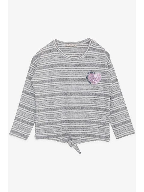 Breeze Kız Çocuk Triko Kazak Pullu Kalp Baskılı Yazı Nakışlı Gri Melanj (9-14 Yaş) - S000073787-20600