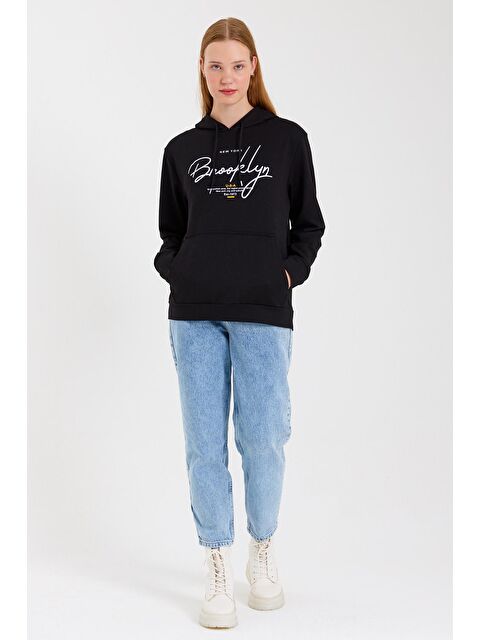 Süperlife Kadın Kapüşonlu Oversize Fit El Yazılı Brooklyn Baskılı İnce Sweatshirt SPR23SWk361 - S000015615-19351