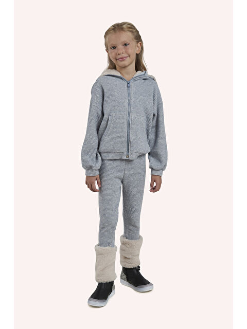 Panço Kız Çocuk Paçası Kürk Detaylı Mavi Örme Triko Tayt - S000319007-17234