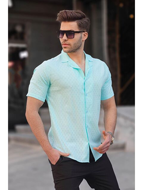 Madmext Turkuaz Slim Fit %100 Pamuk Kısa Kol Erkek Gömlek 5585 - S000039742-20055