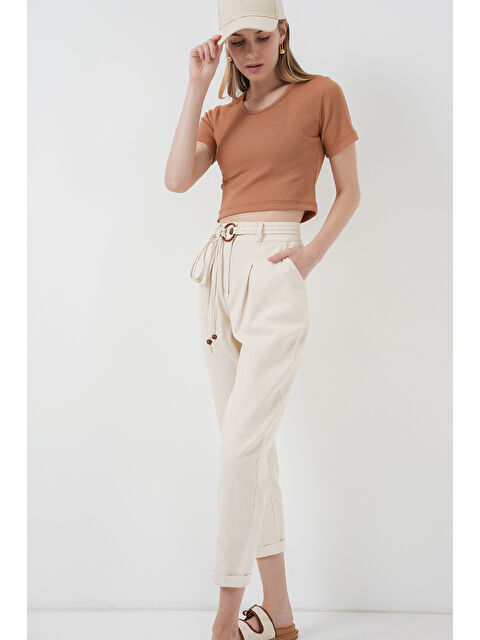 Bigdart 6660 Kemerli Keten Pantolon - Krem - S000174469-19966
