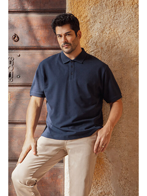 AC&Co / Altınyıldız Classics Erkek Prusya Lacivert Slim Fit Dar Kesim Polo Yaka %100 Pamuk Kısa Kollu Tişört