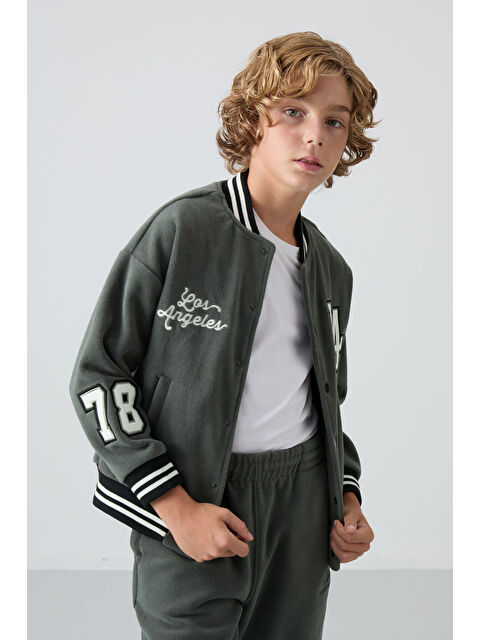 Tommylife Haki Kalın Yumuşak Dokulu Standart Fit Nakışlı Polar Erkek Çocuk Kolej Ceket - 11227 - S000330256-18547