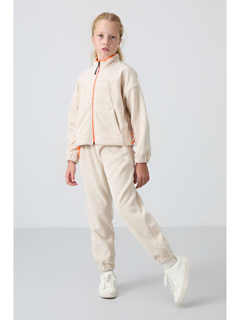 Tommylife Bej Kalın Yumuşak Dokulu Standart Fit Nakışlı Polar Kız Çocuk Eşofman Alt - 75155 - S000330247-19928