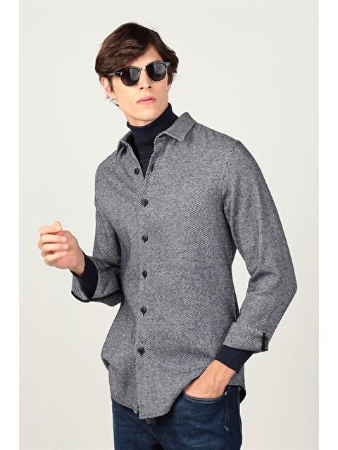 TUDORS Slim Fit Oduncu Düz Kışlık Erkek Gri Gömlek - S000025989-20600