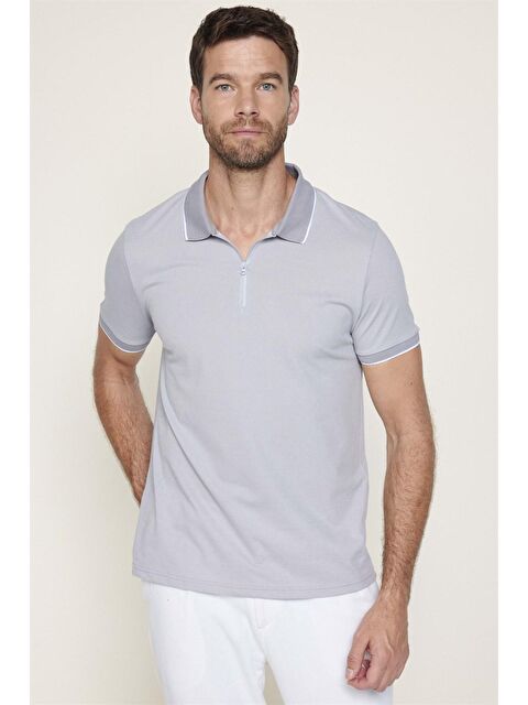 TUDORS Erkek Slim Fit Fermuarlı Polo Yaka Pike Pamuklu Gri Tişört - S000044441-20600