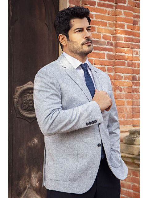 Altınyıldız Classics Erkek İndigo 360 Her Yöne Esneyen Slim Fit Dar Kesim Mono Yaka Armürlü Torba Cepli Blazer Ceket
