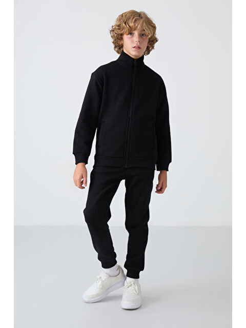 Tommylife Siyah Pamuklu Kalın İçi Tüylü Yumuşak Dokulu Standart Fit Nakışlı Erkek Çocuk Eşofman Takım - 11256 - S000367357-19351