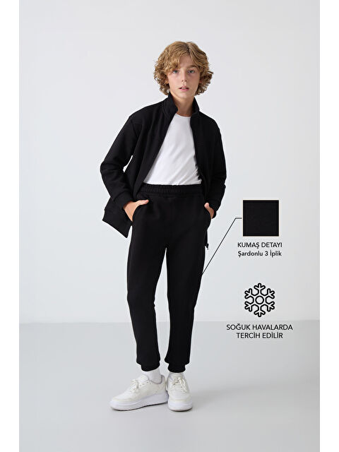 Tommylife Siyah Pamuklu Kalın İçi Tüylü Yumuşak Dokulu Standart Fit Nakışlı Erkek Çocuk Eşofman Takım - 11240 - S000367353-19351