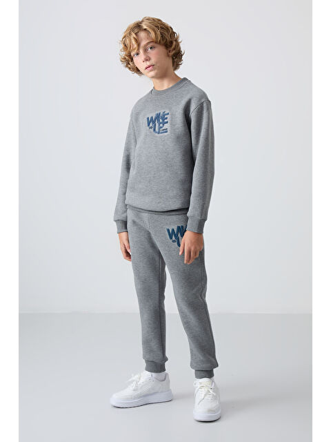 Tommylife Gri Melanj Pamuklu Kalın İçi Tüylü Yumuşak Dokulu Standart Fit Baskılı Erkek Çocuk Eşofman Takım - - S000367358-74