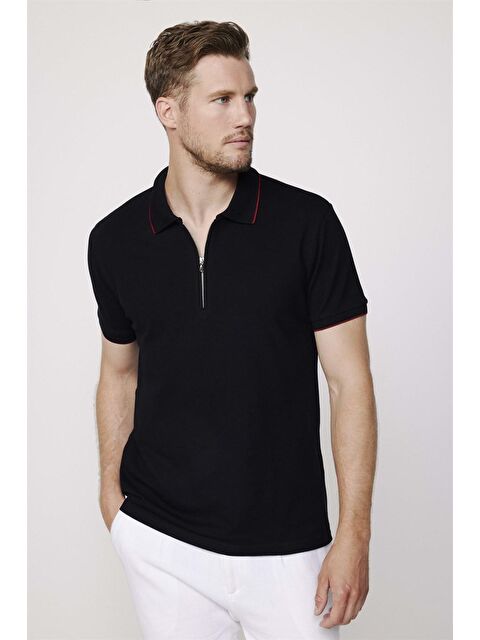 TUDORS Erkek Slim Fit Dar Kesim %100 Pamuk Düz Pike Fermuarlı Siyah Polo Yaka Tişört - S000044451-19351
