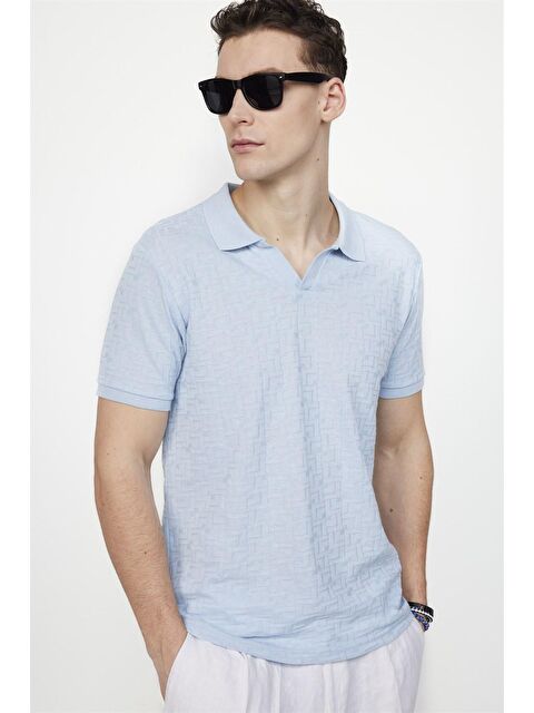 TUDORS Erkek Polo V Yaka Slim Fit Düğmesiz Örme Pamuklu Mavi Tişört