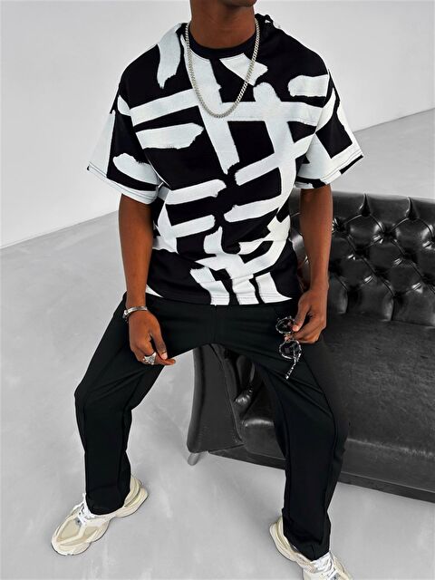 Abluka Online Erkek Desenli Oversize %100 Pamuk Tişört Siyah - S000040304-19351