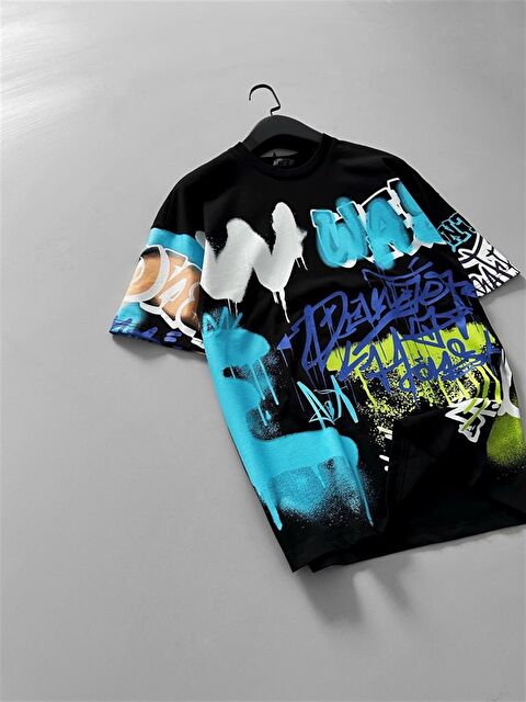 Abluka Online Erkek Grafiti Baskılı Oversize %100 Pamuk Tişört Siyah - S000040308-19351