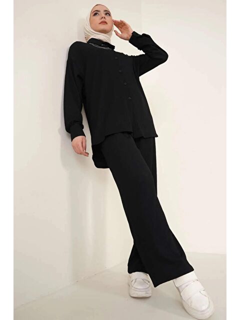 Hazelin Kadın Tesettür Siyah Geniş Kalıp Alt-Üst İkili Örme Takım HZL24W-BD158581 - S000102959-19351