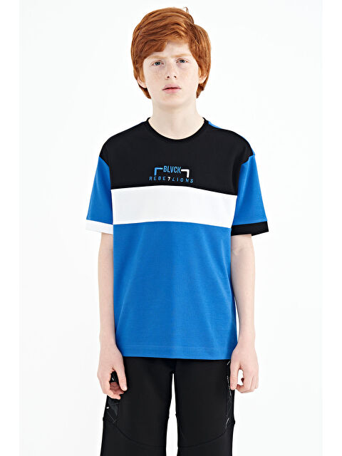 Tommylife Saks Renk Geçişli Nakışlı Oversize Erkek Çocuk Tişört - 11159 - S000030921-23710