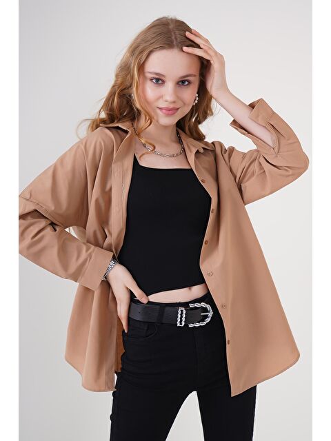 Bigdart 3900 Oversize Uzun Basic Gömlek - Camel - S000081512-37258