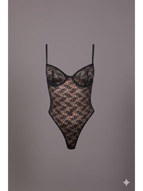 C&City Desteksiz Dantelli Çıtçıtlı Body C15093 Siyah - S000223026-19351