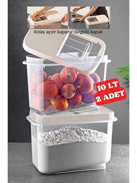 Nandy Home 2 Adet 10 LT Kolay Kayar Kapaklı Multibox Erzak Bakliyat Vs. Saklama Kabı KREM - S000012670-23173
