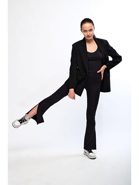 Chandraswear Siyah Kadın Yüksek Bel Toparlayıcı Fitilli İspanyol Paça Spor Tayt - Toledo - S000029006-19351