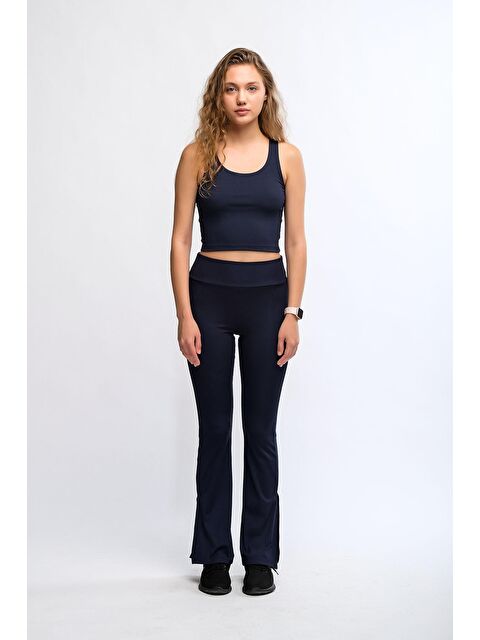 Chandraswear Lacivert Kadın Yüksek Bel Toparlayıcı Fitilli İspanyol Paça Spor Tayt - Toledo - S000029006-21164