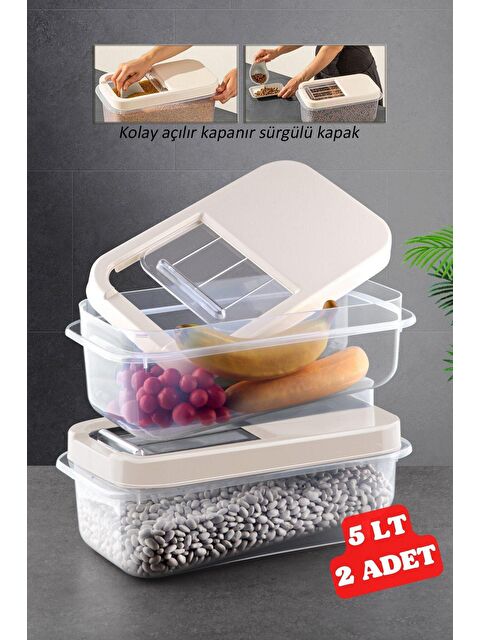 Nandy Home 2 Adet 5 LT Kolay Kayar Kapaklı Multibox Erzak Bakliyat Vs. Saklama Kabı KREM - S000013140-23173