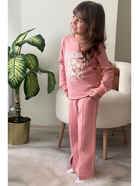 Breeze Kız Çocuk Eşofman Takım Çiçek Baskılı Geniş Paça Yırtmaçlı Gülkurusu (5-10 Yaş) - S000355938-20028