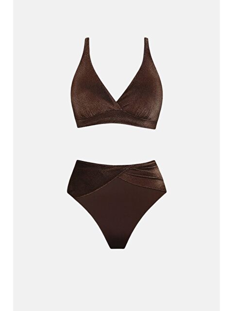 Hazelin Kadın Kahverengi Simli V Yaka Ayarlanabilir Askılı Yüksel Bel Üçgen Bikini Takımı HZL24S-AR1764 - S000204181-19413