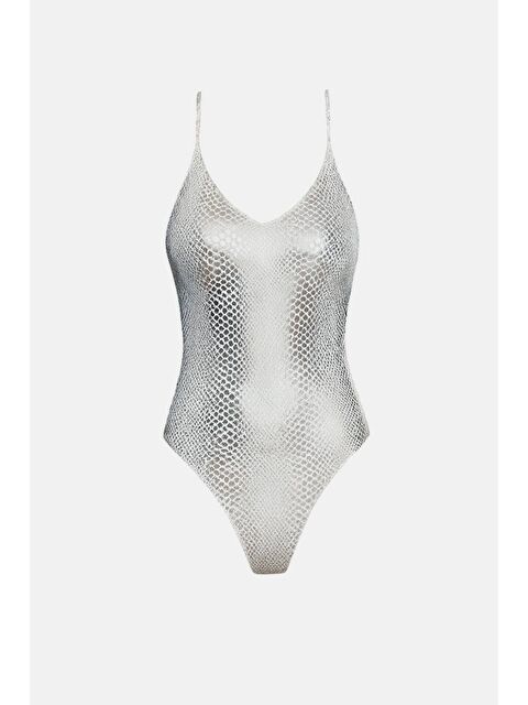 Hazelin Kadın Gümüş Deri Görünümlü Askılı Sırt Dekolteli İp Detaylı Üçgen Yüzücü Mayo HZL24S-AR1835-25 - S000213018-20600