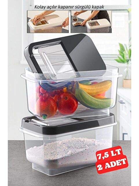 Nandy Home 2 Adet 7,5 LT Kolay Kayar Kapaklı Multibox Erzak Bakliyat Vs. Saklama Kabı ANTRASİT - S000013142-23173