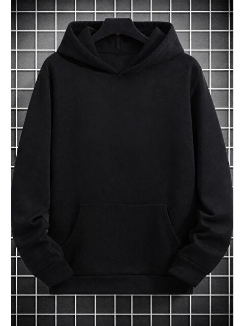 Trendseninle Unisex Erkek KOREA Fish Özel Baskı Pamuklu Oversize Kapüşonlu Sweatshirt Siyah - S000480952-19351