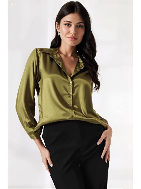 Hazelin Kadın Yağ Yeşili Hafif Dökümlü Saten Yüzeyli Gömlek HZL22W-BD139641 - S000045084-17346