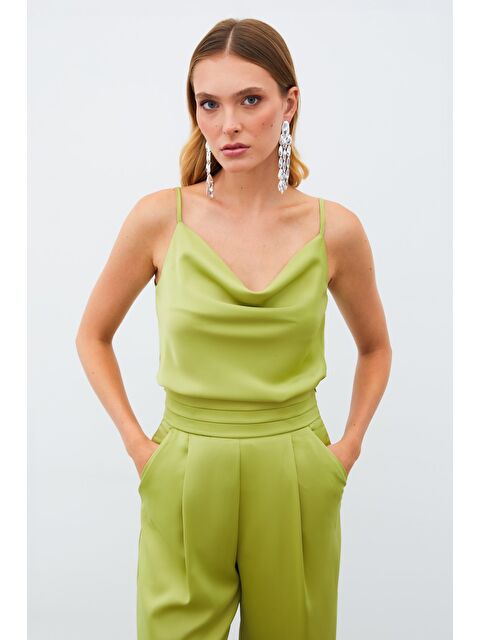 SATEEN Degaje Yaka Saten Bluz - Yağ Yeşili - S000323041-16580