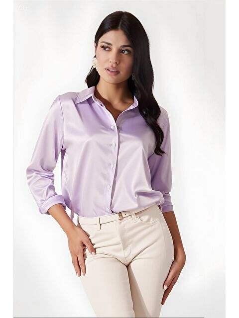 Hazelin Kadın Açık Lila Hafif Dökümlü Saten Yüzeyli Gömlek HZL22W-BD139641 - S000045084-23370
