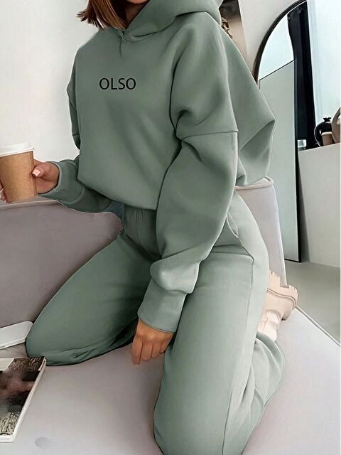 Trendseninle Kadın Su Yeşili Olso Baskılı Kapüşonlu Alt Üst Eşofman Takım - S000259266-20054