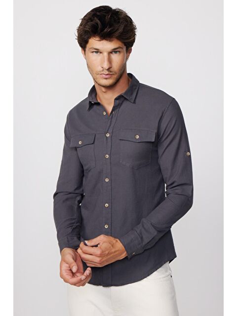 TUDORS Slim Fit Uzun Kol Çift Cep Pamuk Keten Spor Yaka Füme Erkek Gömlek