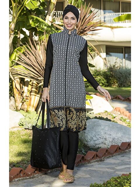 Hazelin Kadın Siyah Tasarım Dokuma Uzun Kollu Büstiyerli Tam Tesettür Mayo HZL22S-AR15301 - S000059138-19351