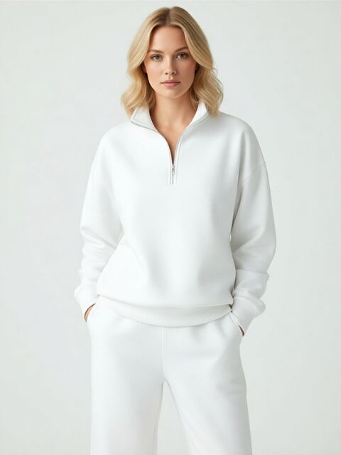 Trendseninle Kadın Beyaz Oversize Yarım Fermuarlı Yumuşak Sweatshirt - S000489637-20063