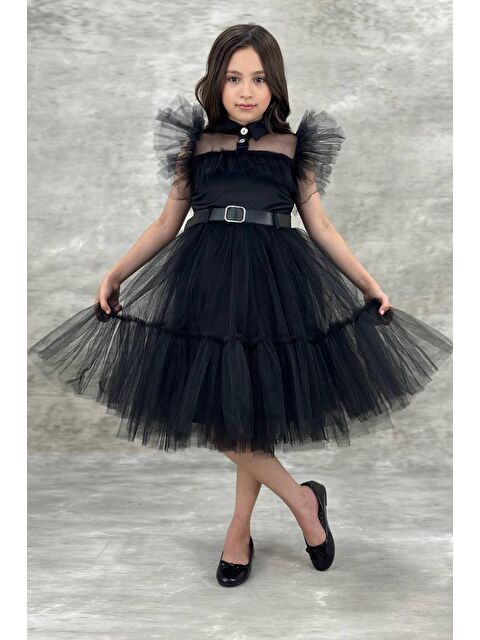 Riccotarz Kız Çocuk Gömlek Yaka Göğsü Ve Kolları Tül Detaylı Wednesday Siyah Elbise