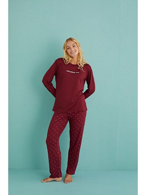 Formo Kadın Bordo Uzun Kollu Esnek Rahat Yüksek Kalite Milan Kumaş Pijama Takımı - S000321470-19951