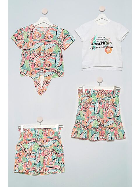 For You Kids 4'Lü Tshirt Gömlek Etek Şort Yeşil Takım - S000025237-18194