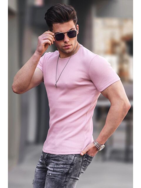 Madmext Bisiklet Yaka Pudra Basici %100 Pamuk Tişört 4077 - S000039623-23490