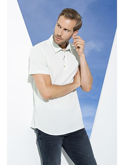 For You Man Organik 3 Düğmeli Kısa Kol Su Yeşili %100 Pamuk Gömlek - S000025242-20054