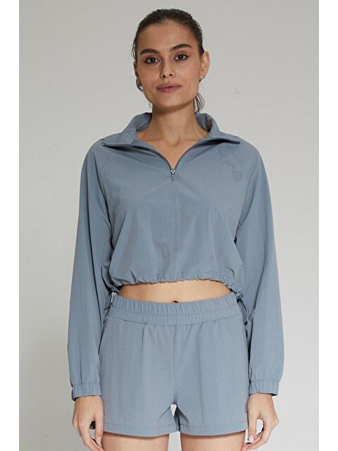 Chandraswear Mavi Kadın Dik Yaka Crop Sweatshirt - Regla - S000029016-17234