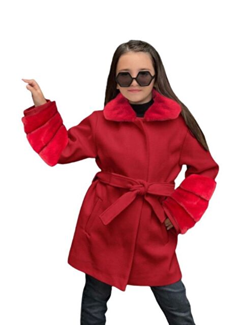 Riccotarz Kız Çocuk Yakası ve Kol Uçları Peluş, Gizli Düğme Detaylı Kırmızı Kaşe Kaban