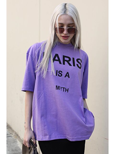 Madmext Lila Paris Baskılı Kadın Tişört Mg1654