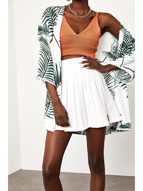 Xhan Beyaz & Yeşil Kolları  Güpürlü Palmiye Desenli Kimono 2YXK4-46103-78 - S000029506-37251