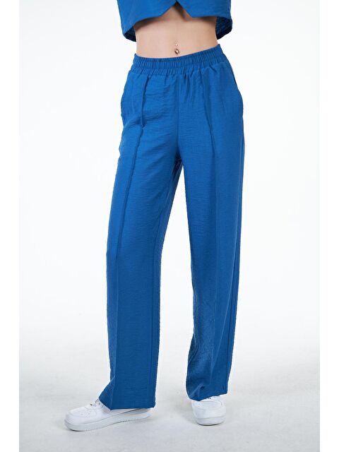 Chandraswear Mavi Kadın Keten Görünümlü Nervür Detaylı Bol Kalıp Wide Leg Pantolon - Nomte - S000029020-17234